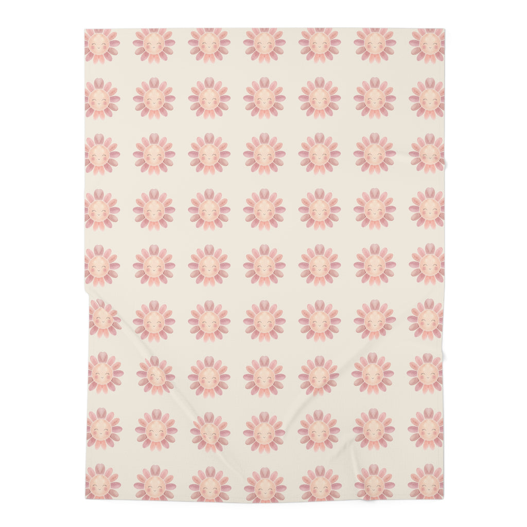 Smiling Sunflower Pattern Baby Swaddle Blanket | Pink Floral Nursery