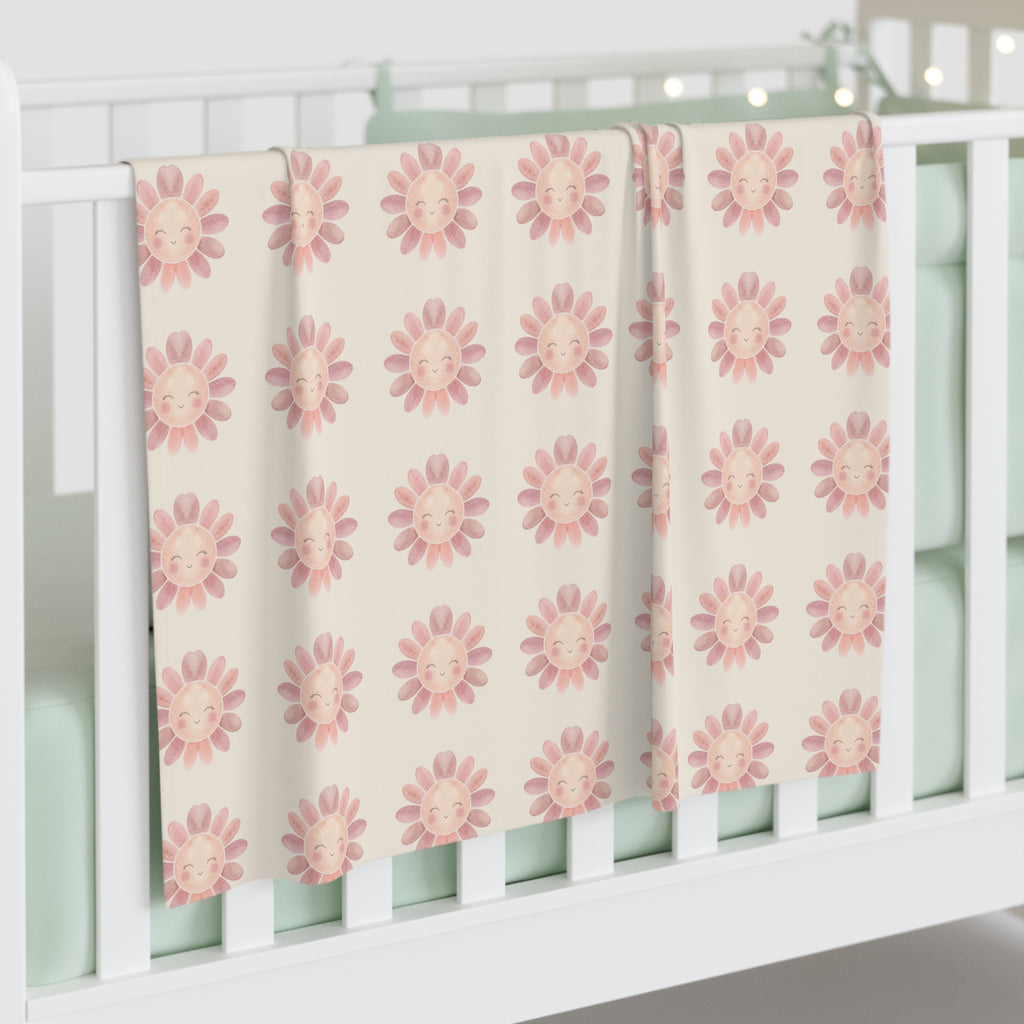Smiling Sunflower Pattern Baby Swaddle Blanket | Pink Floral Nursery