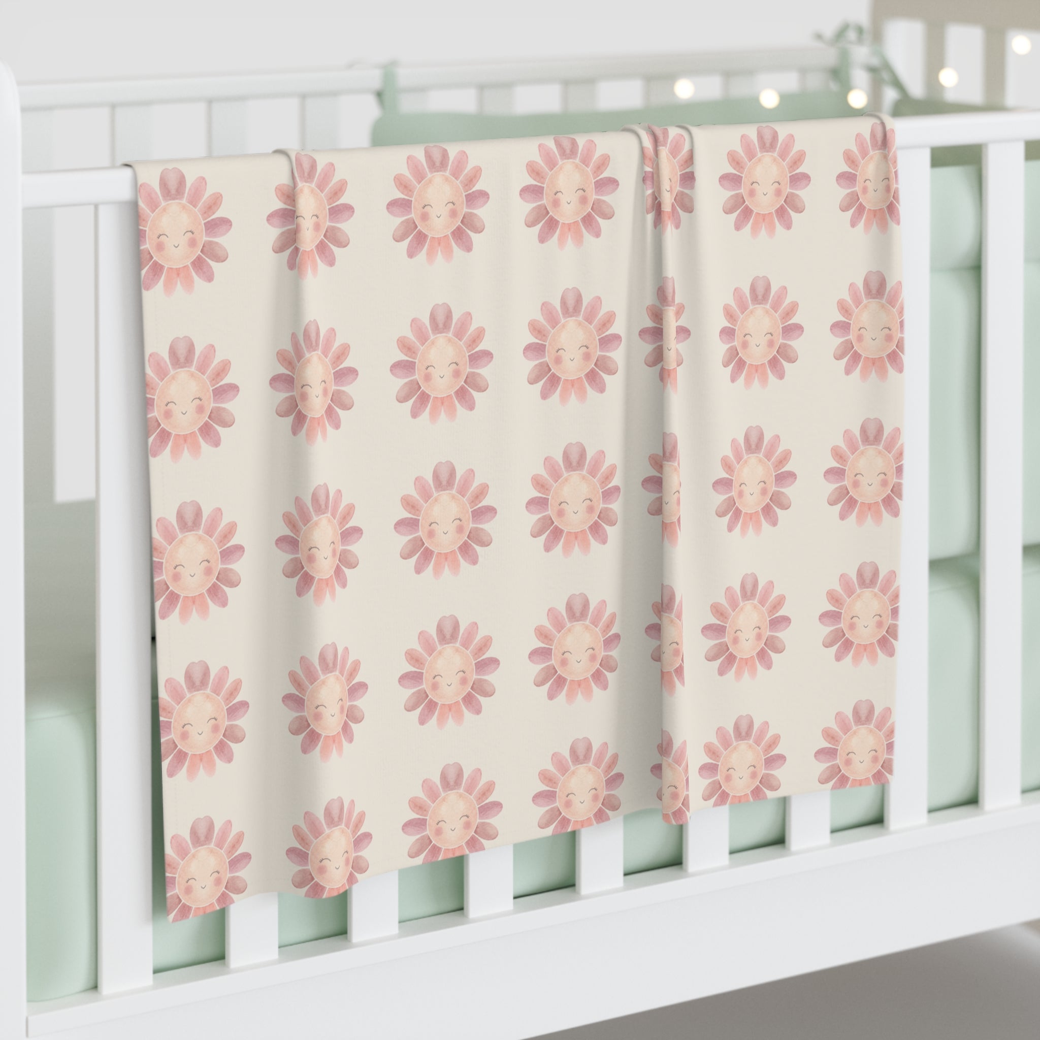 Smiling Sunflower Pattern Baby Swaddle Blanket | Pink Floral Nursery